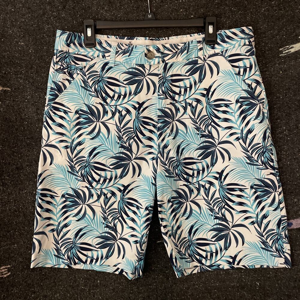 Royal & Awesome Golf Shorts Mens 36 White Blue Tropical Palm Leaf 10” Inseam
